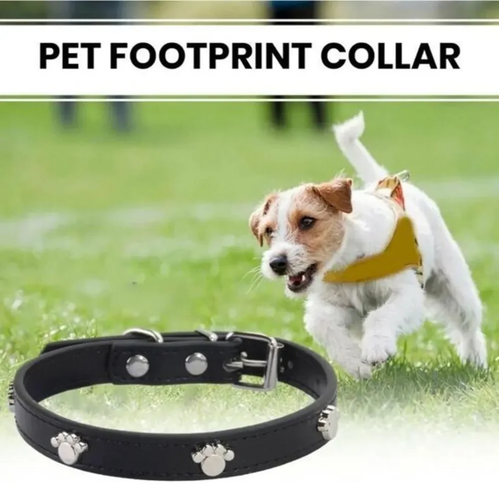 Premium PU Leather Durable Adjustable Dog Collar‎ with Paw Decoration Large
